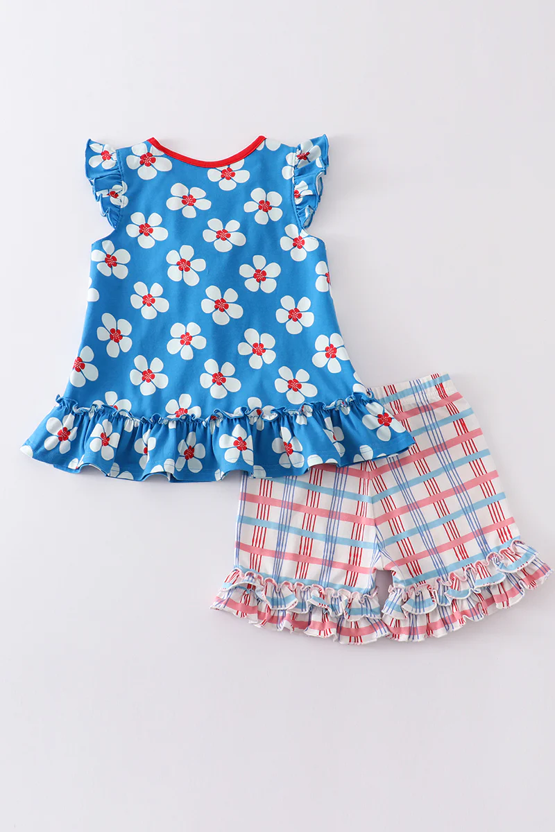 Platinum Blue & white floral print ruffle girl set - Image 4