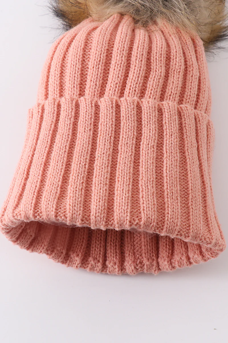 Coral Pink knit pom pom beanie hat baby toddler adult - Image 4