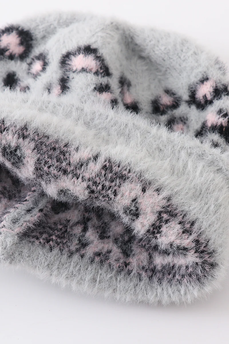 Grey leopard beanie hat toddler adult - Image 6