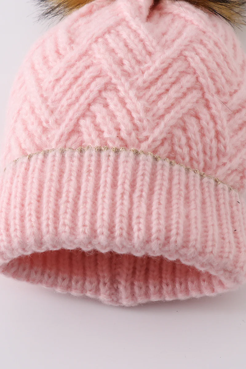 Pink cross cable knit pom pom beanie hat baby toddler adult - Image 3