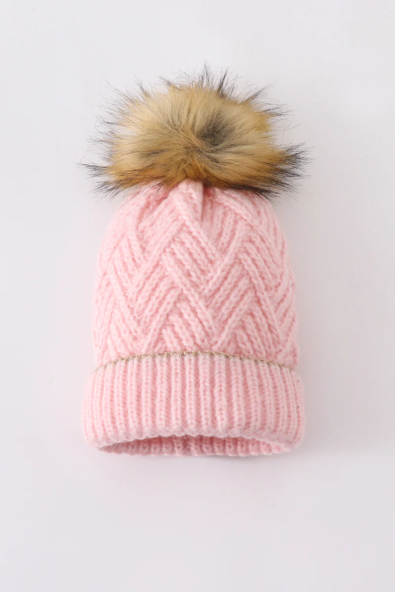 Pink cross cable knit pom pom beanie hat baby toddler adult - Image 4
