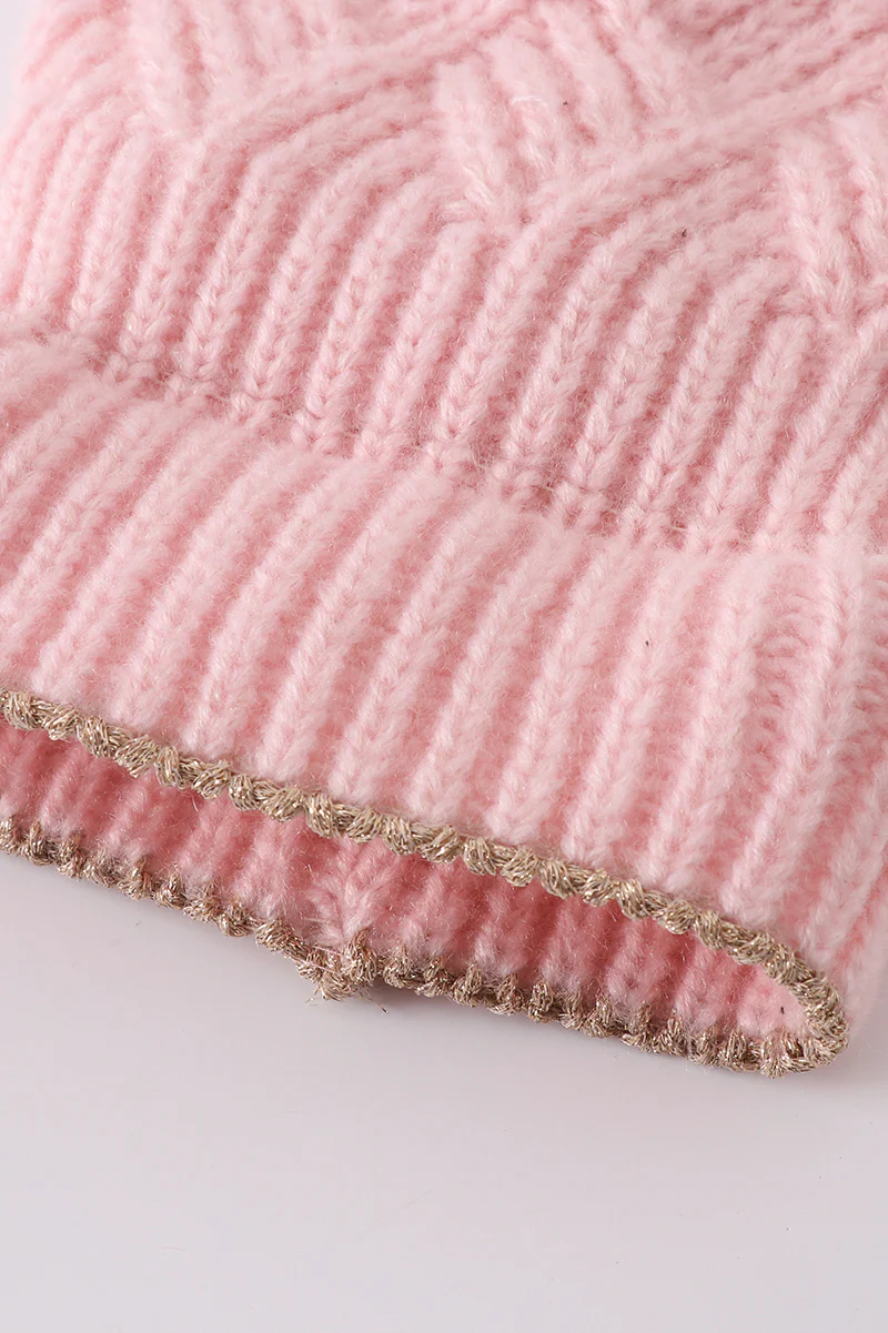Pink cross cable knit pom pom beanie hat baby toddler adult - Image 5