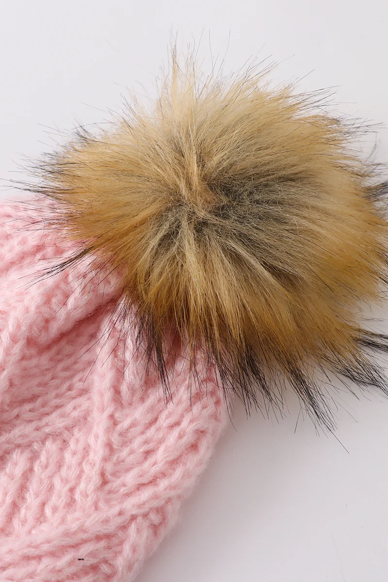 Pink cross cable knit pom pom beanie hat baby toddler adult - Image 6
